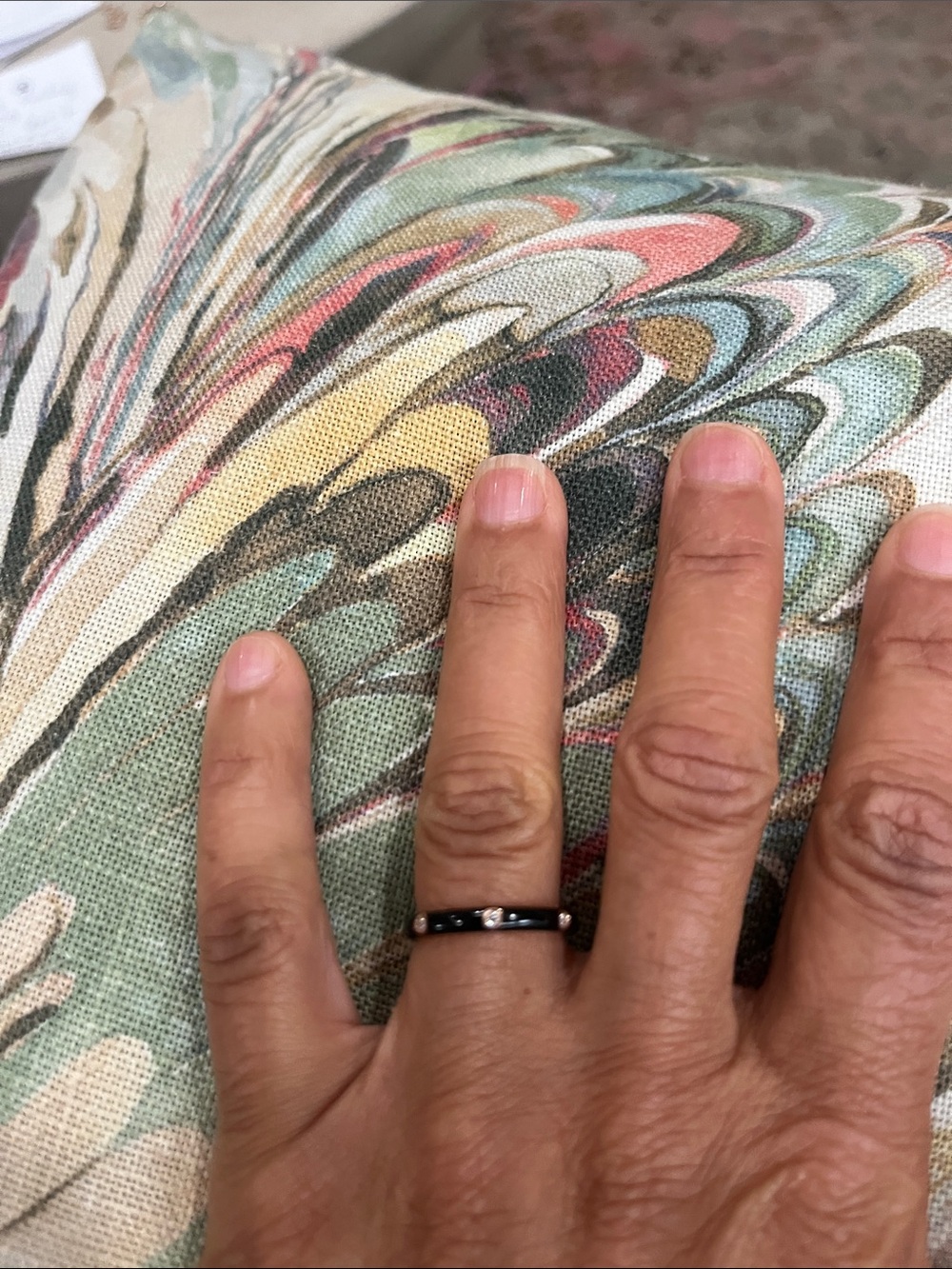 EF collection black enamel ring with 3 diamonds  size 6